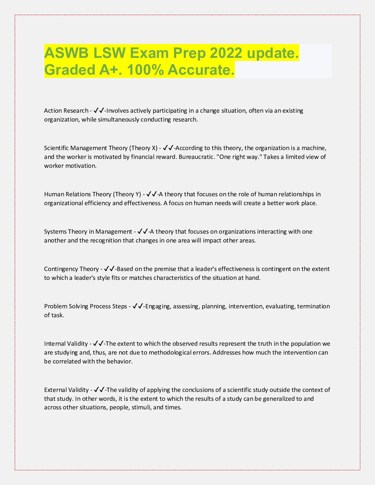 Preview image for ASWB LSW Exam Prep 2022 update.  Graded A+. 100% Accurate. Action Research - ✔✔-Involves a